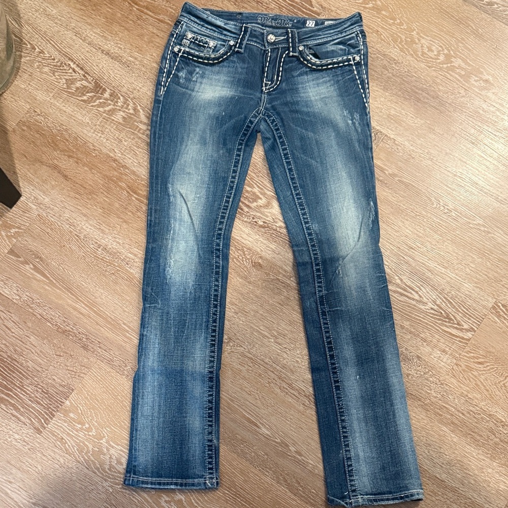 Miss Me Women's Straight Leg Jeans - Blue Wash with Contrast Stitching
